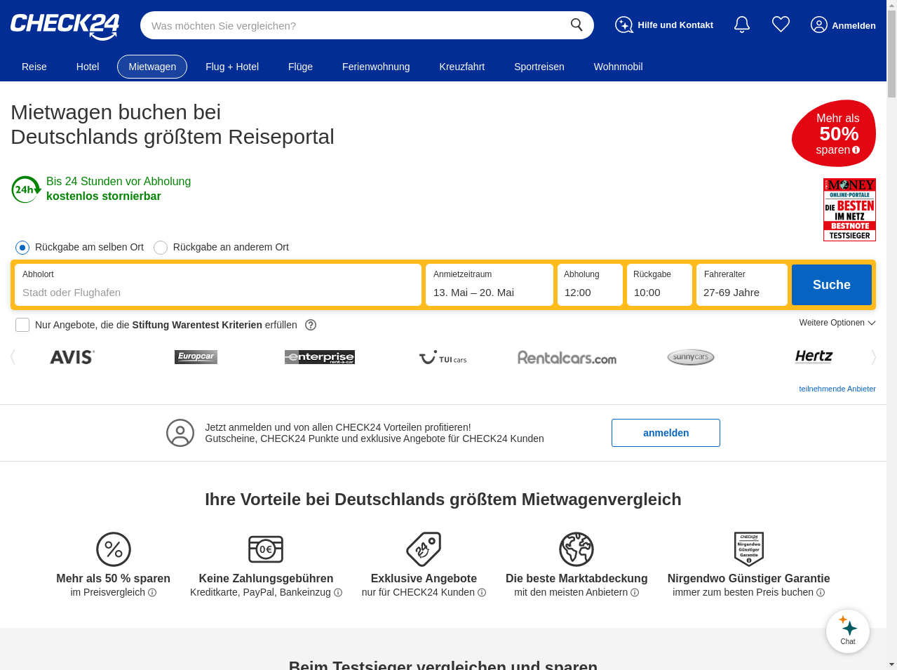 Vergleich verschiedener Angebote für die Mietwagenbuchung Check24 auf einer Karte dargestellt.